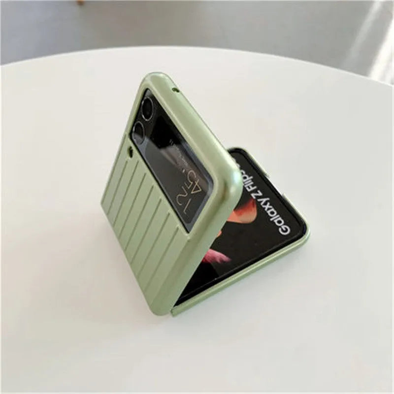 Samsung Z Flip3 ultra-thin PC phone case in seven colour options showing front and back views