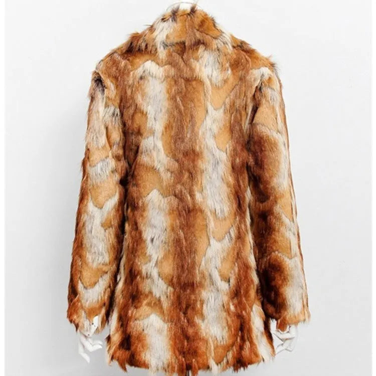 Women's tiger pattern faux fur leather jacket in a medium-length street fashion style.