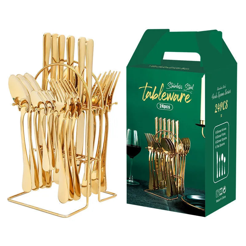 24-piece gold stainless steel dinnerware set with storage rack including knives forks spoons teaspoons