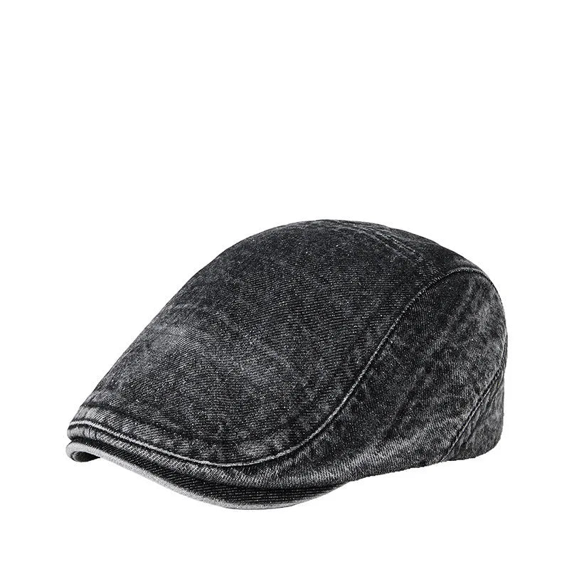 Men's denim flat top cap in washed cotton, breathable and windproof, available in six colours