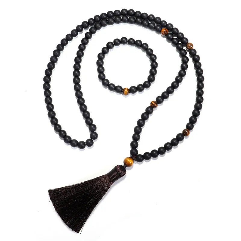 Tiger eye beaded bracelet and necklace set with 108 stones, drop-shaped tassel pendant, and 81cm circumference