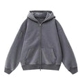 Fleece-lined distressed hooded cardigan sweater, cotton blend, loose fit, drop-shoulder sleeves, size patch pocket, solid colour, view front