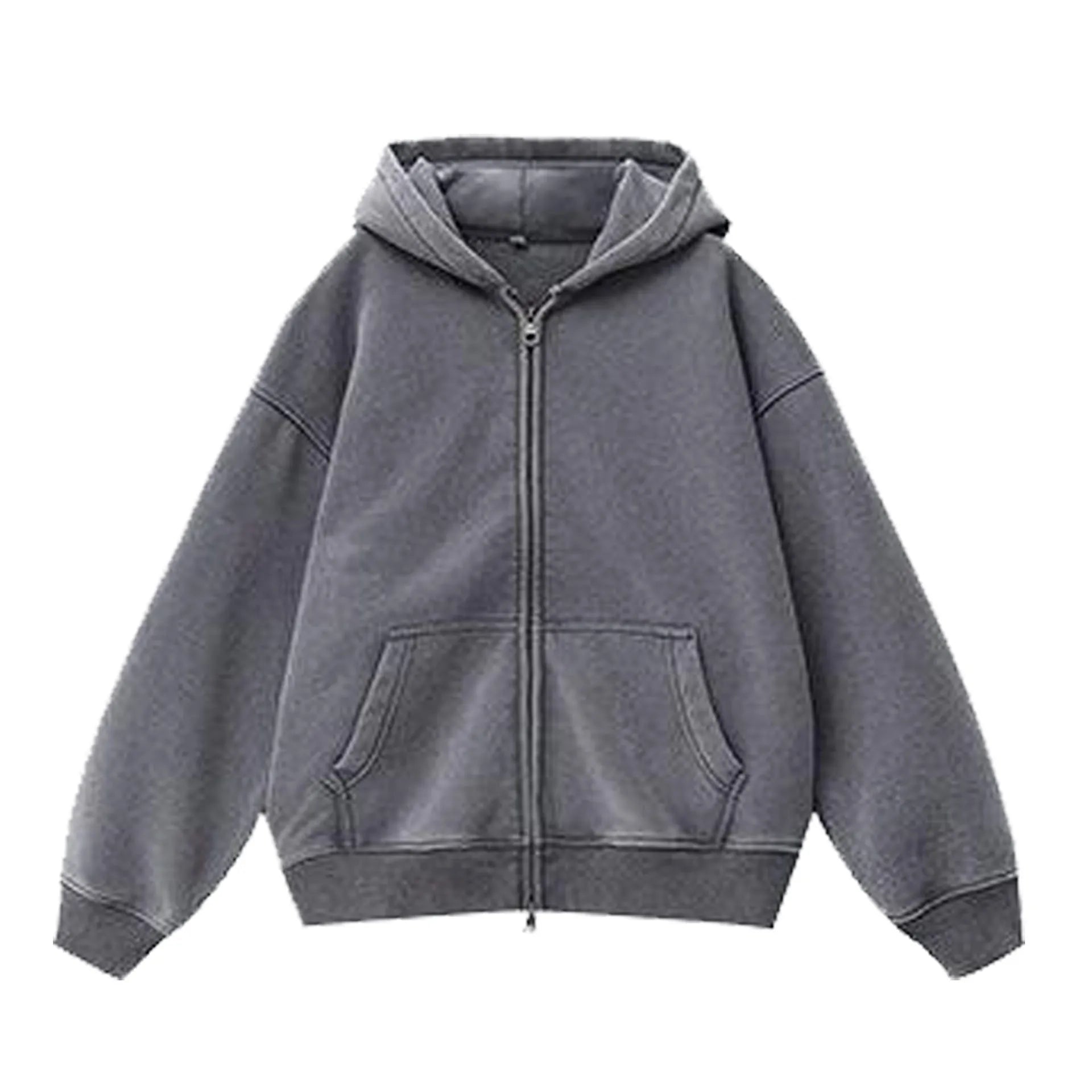 Fleece-lined distressed hooded cardigan sweater, cotton blend, loose fit, drop-shoulder sleeves, size patch pocket, solid colour, view front