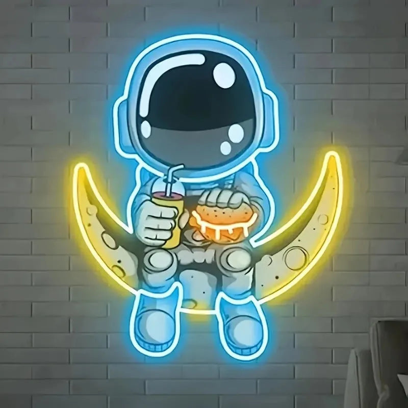 Astronaut wall mounted LED neon light in blue lemon yellow with USB power cord, 30x35cm plastic construction