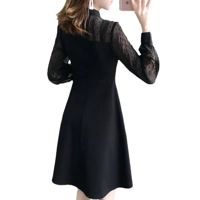 Black polyester lace long sleeve underdress in solid colour, regular sleeve type, for layering