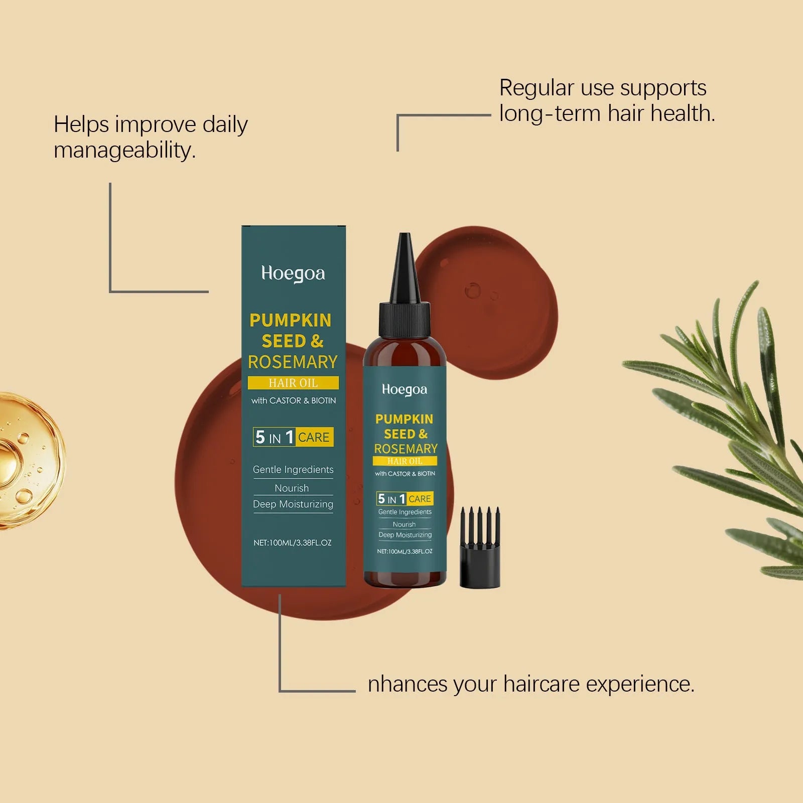 Rosemary hair care essential oil 100 ml bottle with pointed applicator tip and hair comb