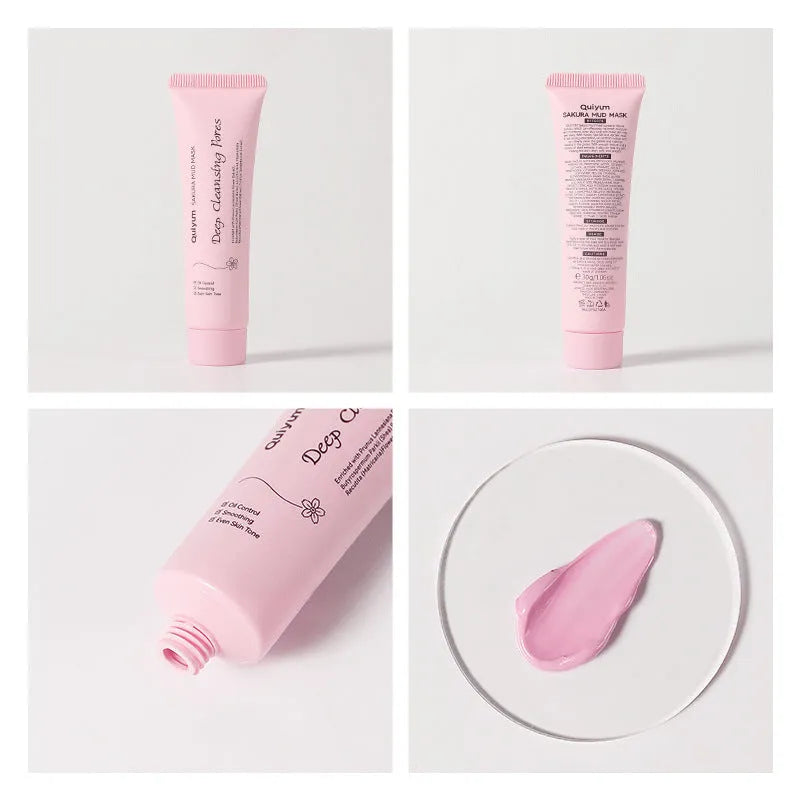 Cherry blossom mud mask 30g packaging with facial mask application for cleansing and hydrating skincare