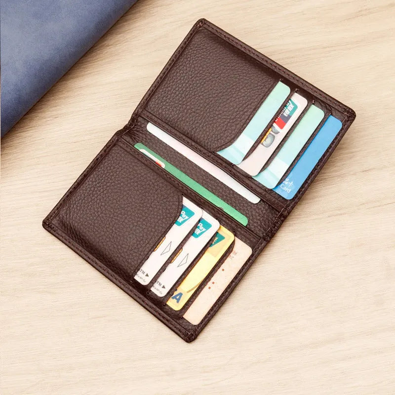 Men's genuine cowhide leather credit card holder in solid colour black, compact 10x7x1 cm