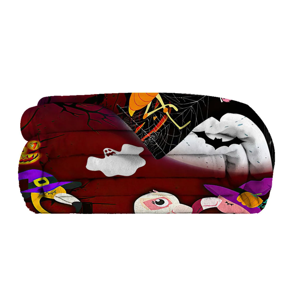 Purple flannel throw blanket with Halloween flamingo print, soft velvet texture, hemmed edges, available in multiple sizes
