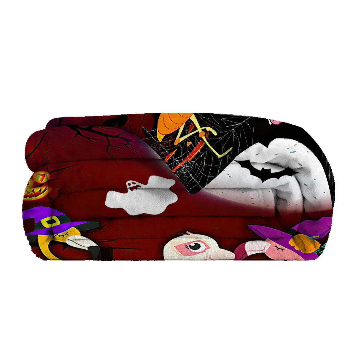 Purple flannel throw blanket with Halloween flamingo print, soft velvet texture, hemmed edges, available in multiple sizes