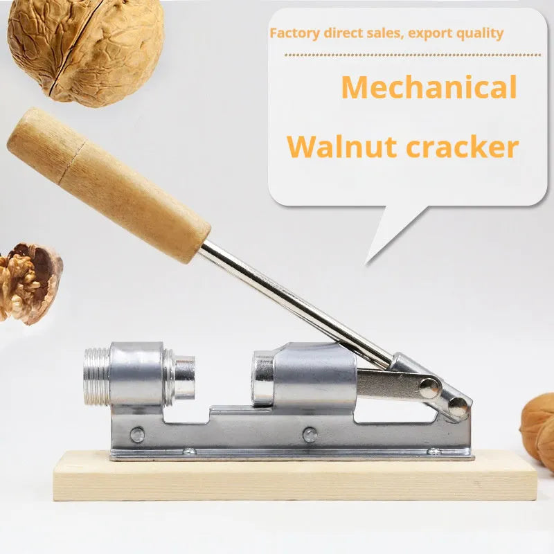 Mechanical walnut cracker with wood body and aluminium mechanism on a table