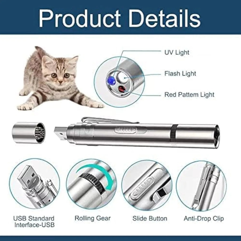 Silver aluminium cat laser pointer showing mouse and butterfly light patterns on a wall.