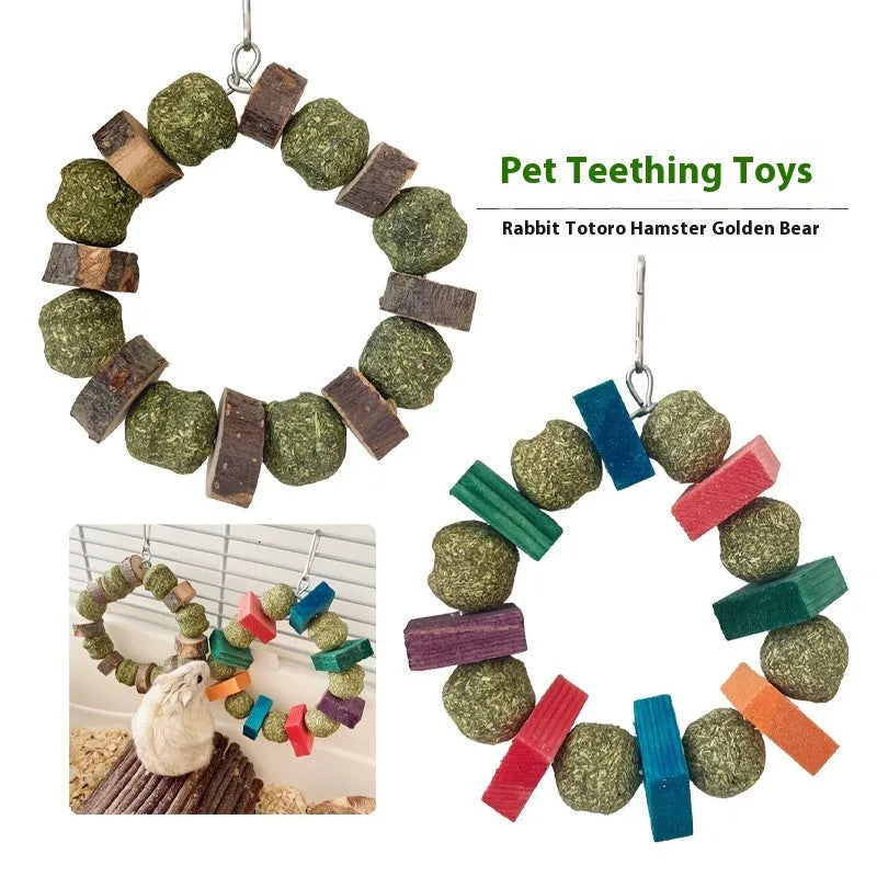Natural applewood straw ball hamster chew toy with colourful sequin rings for guinea pigs and rabbits.