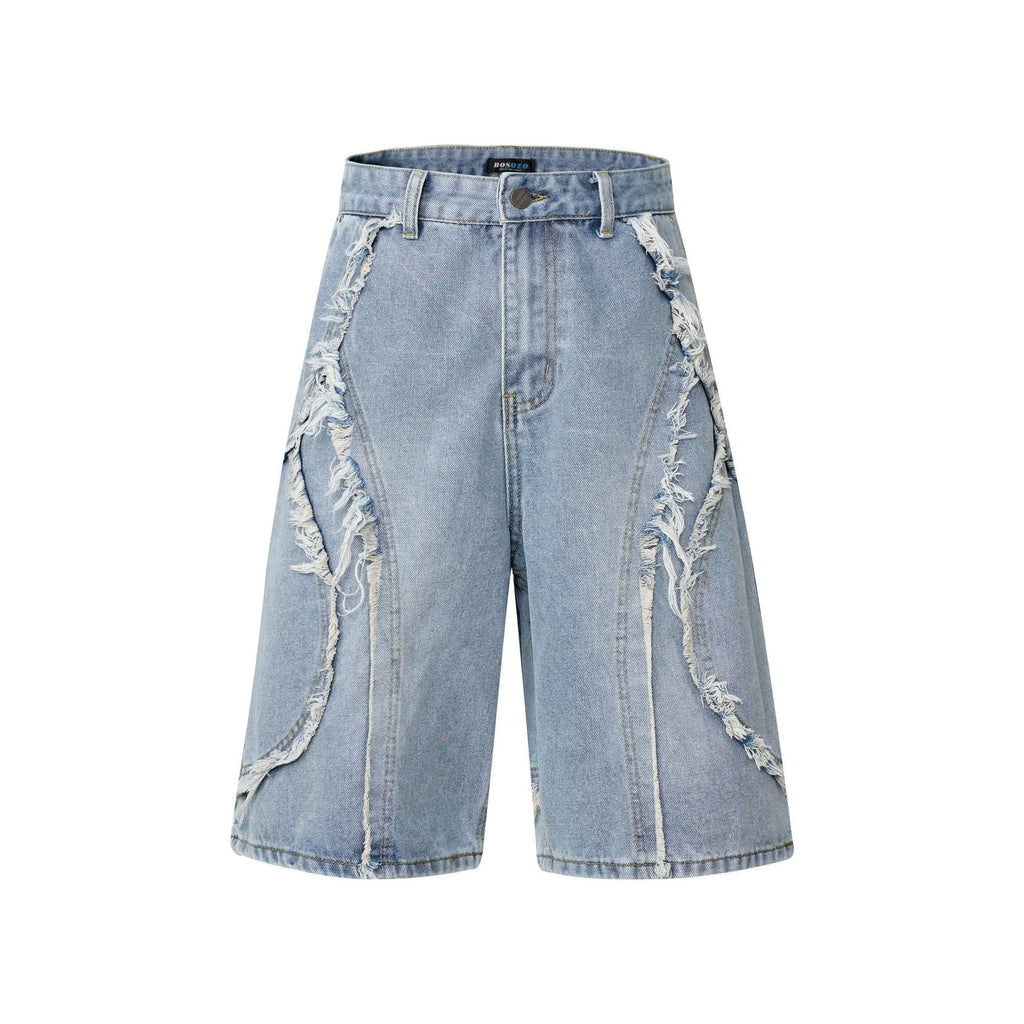 Men's distressed denim shorts with raw edge hem in straight leg cropped cut, available in black, dark blue and light blue