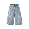Men's distressed denim shorts with raw edge hem in straight leg cropped cut, available in black, dark blue and light blue