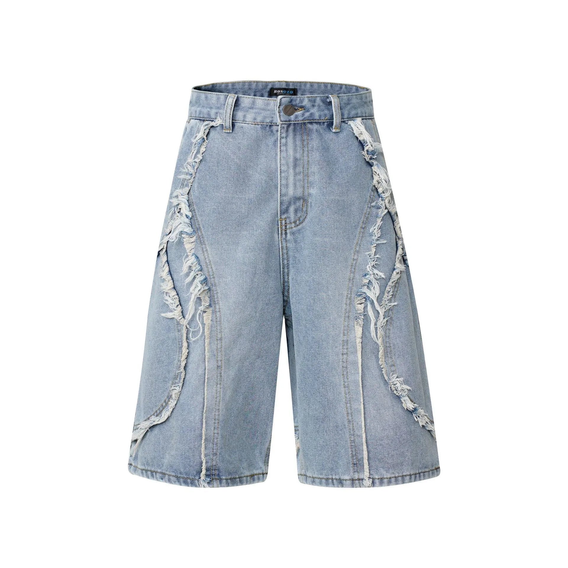 Men's distressed denim shorts with raw edge hem in straight leg cropped cut, available in black, dark blue and light blue