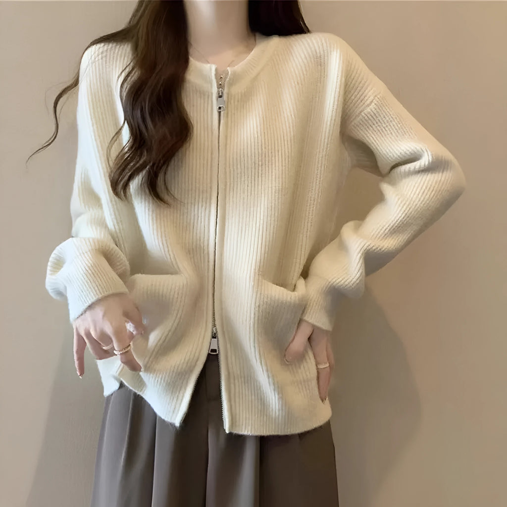 A beige soft glutinous sweater coat cardigan with long sleeves, shown buttoned.