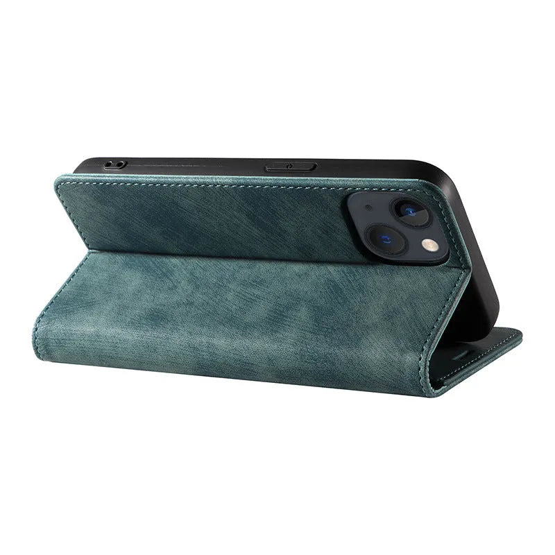 Magnetic flip phone case for iPhone in genuine leather and TPU, showing black, brown, and blue colour options.