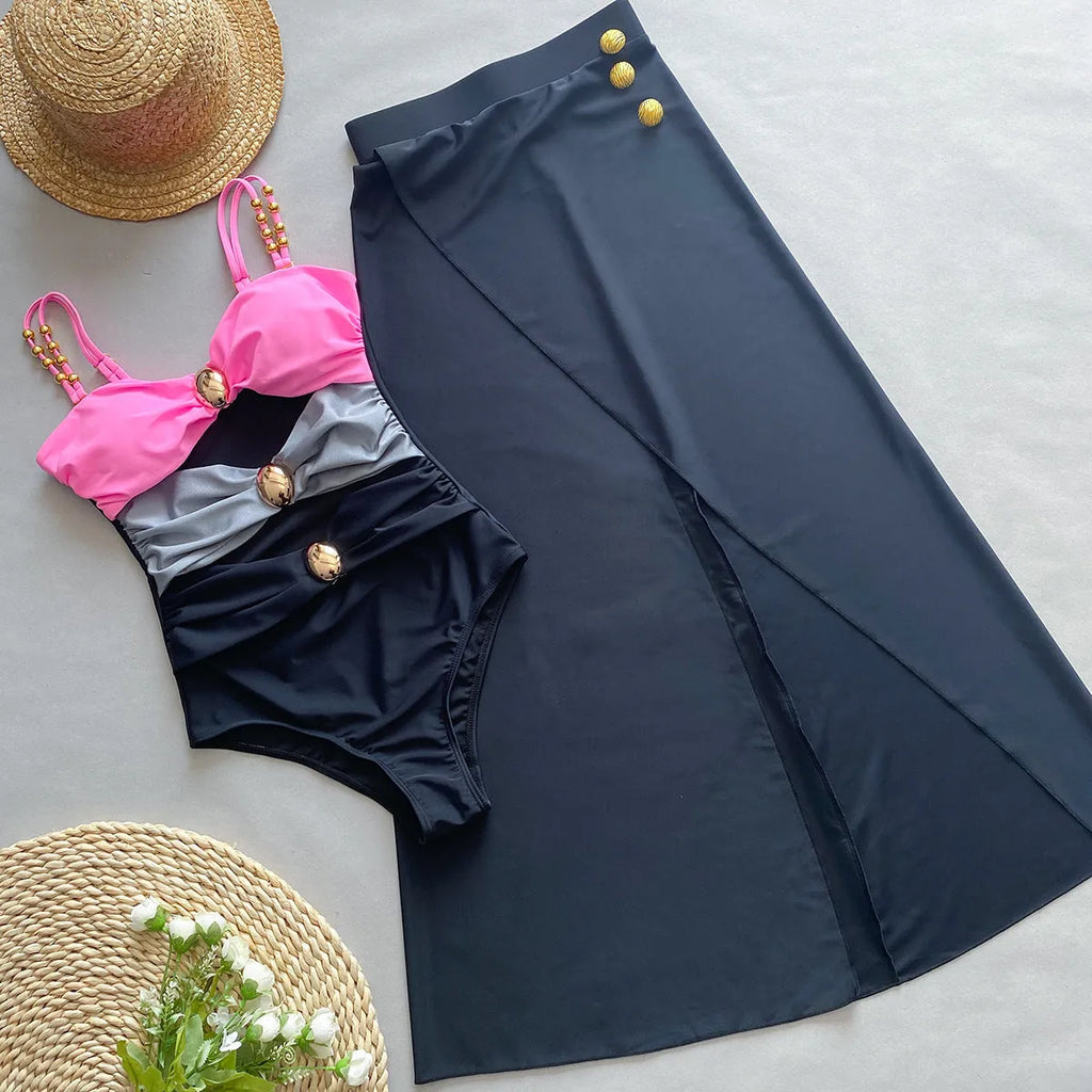 Women's one-piece nylon Lycra swimsuit in colour-matched design, available in brown, pink, black, or green, sizes S-XL