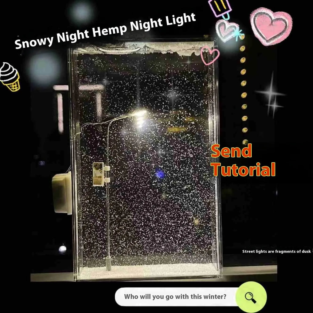 DIY snow night light kit showing materials for assembling a snowy landscape decorative light with LED effects