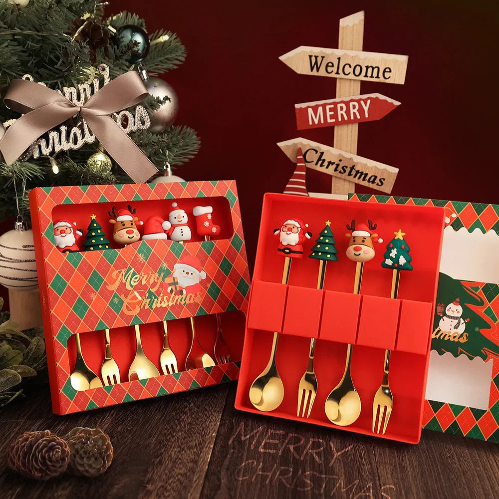 Stainless steel Christmas spoon and fork set with red colour and snowman handle design