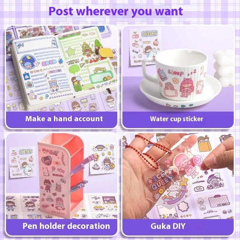 Sticker goo card notebook open showing self-adhesive pages with cute meatballs design