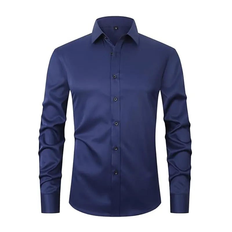 Men's stretch polyester long sleeve work shirt shown in a light colour on a hanger