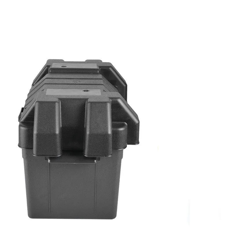 Large black PP plastic battery storage box with strap and base screw fixing, external dimensions 44x24.5x27cm