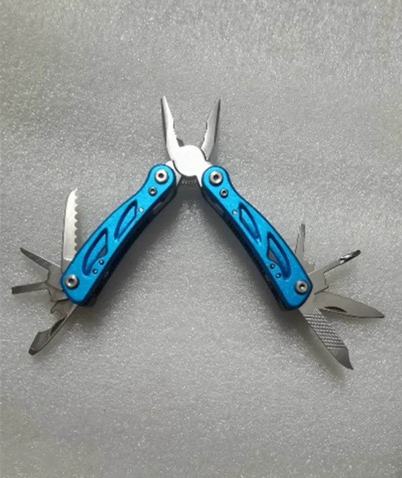 Blue multi-function pliers fruit knife folded on Oxford bag, 125mm length, stainless steel 420 and aluminium build