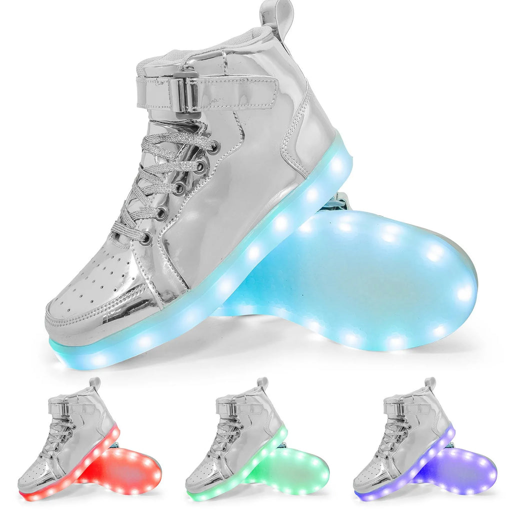 LED high-top light-up shoes in black with Velcro strap and rubber sole.