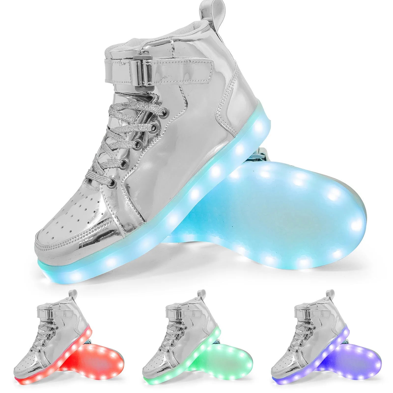 LED high-top light-up shoes in black with Velcro strap and rubber sole.