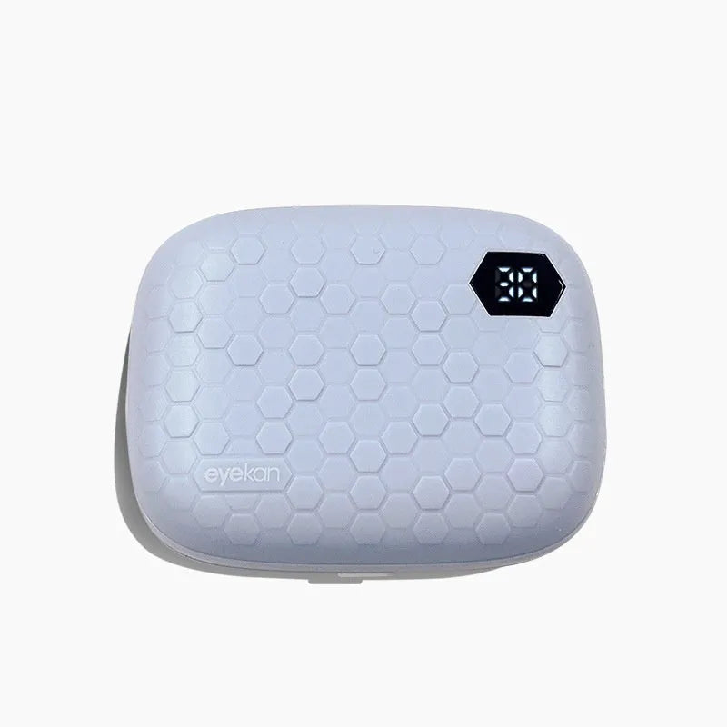 Automatic ultrasonic contact lens cleaning machine in pearl white, blue, or pink plastic housing.