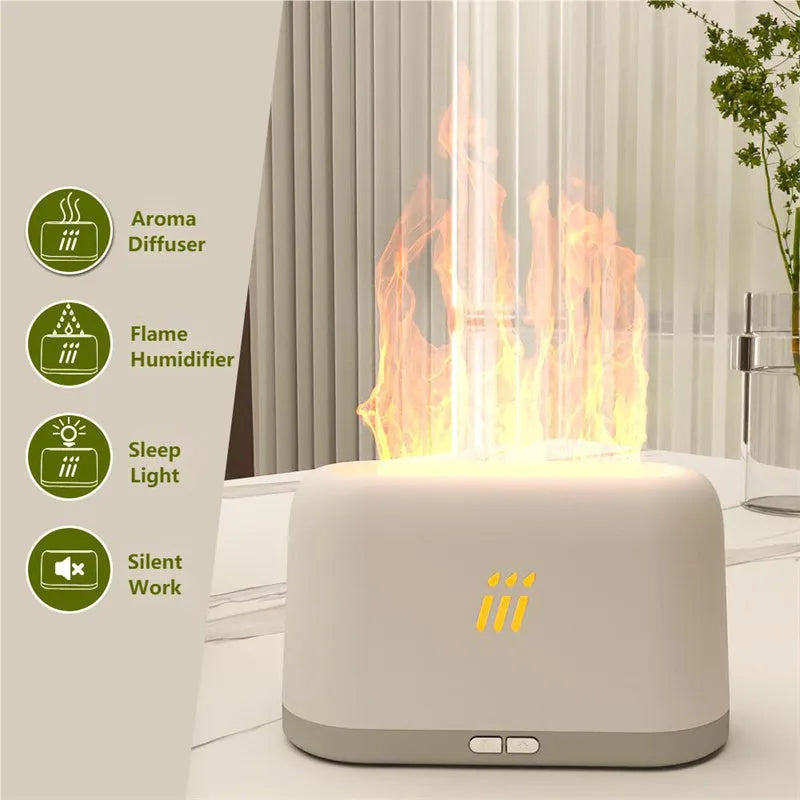 Flame aroma diffuser humidifier ultrasonic cool mist LED lamp round 133x133x107mm USB black
