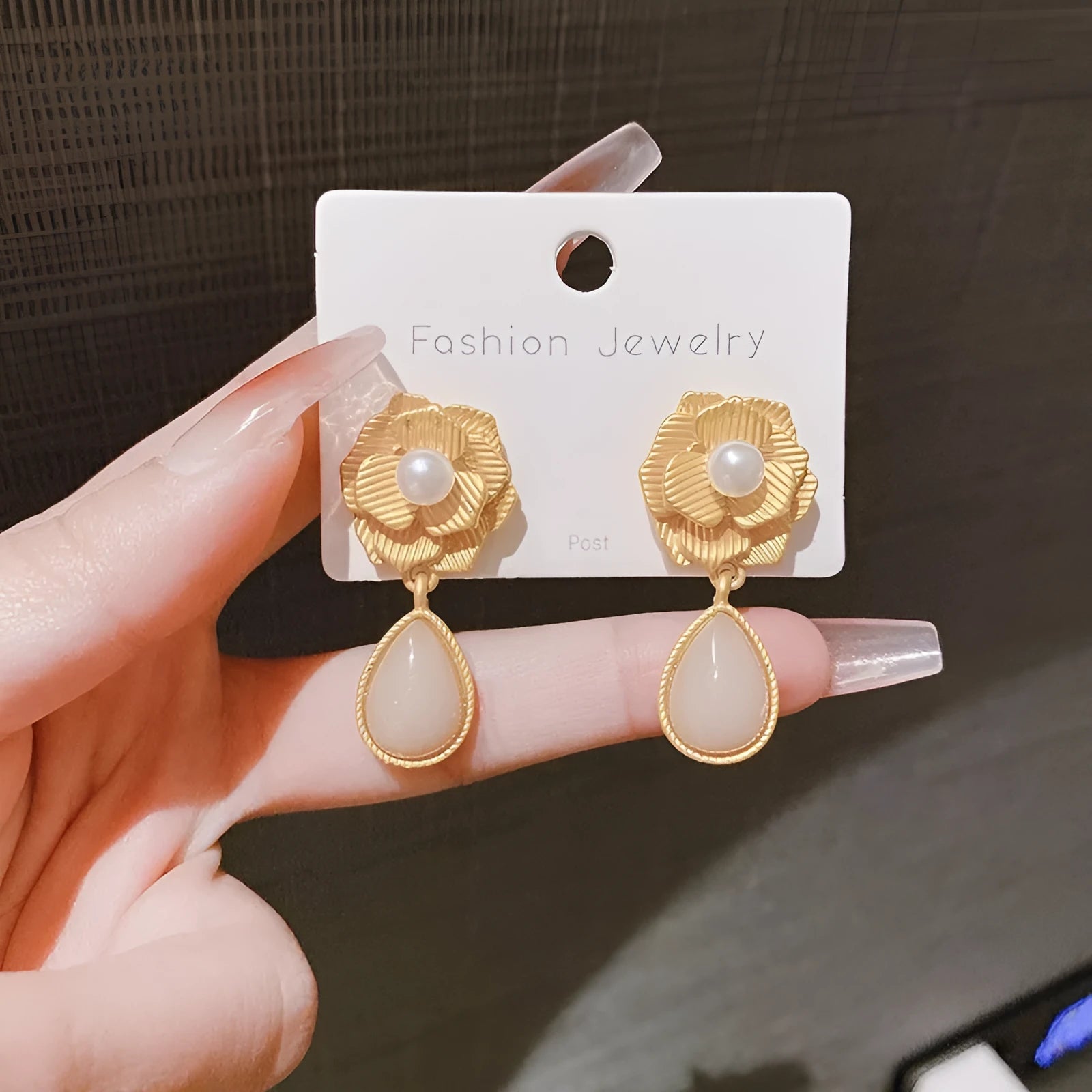Hong Kong style flower stud earrings with opal stone in gold colour for women