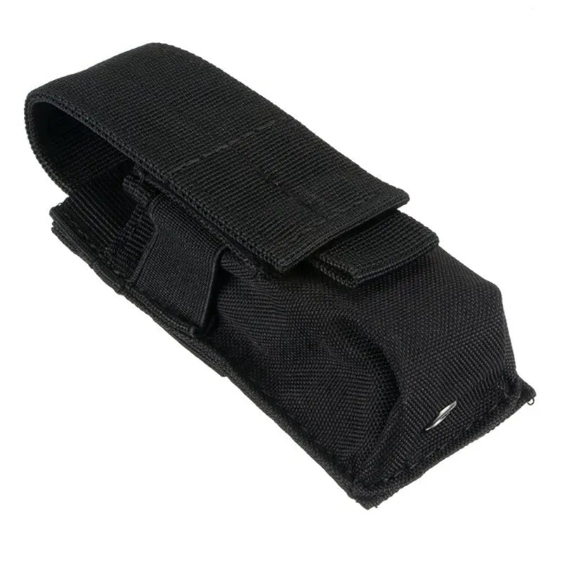 Black MOLLE tactical waistbag pouch for pistol cartridges and small flashlights on a belt.