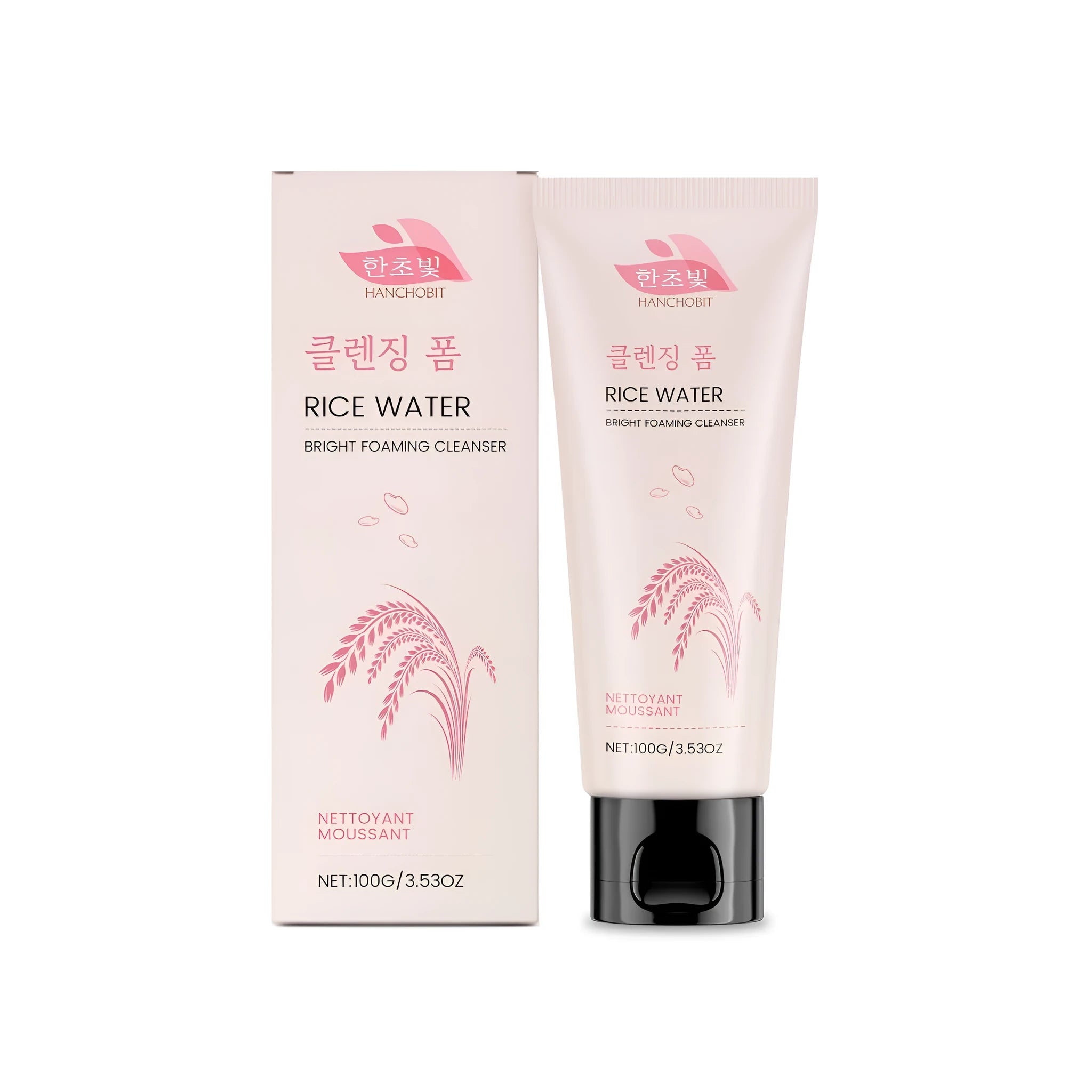 100g Rice Water Bright Foaming Cleanser bottle with hyaluronic acid and rice bran water formula.