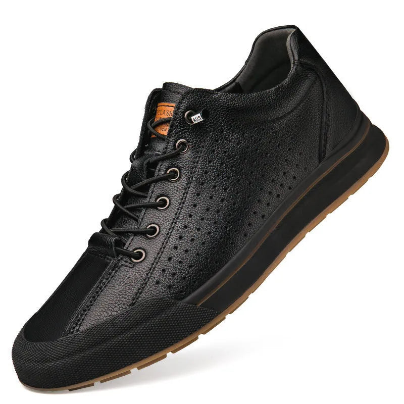 Men's white leather casual shoes with round toe and flat heel design