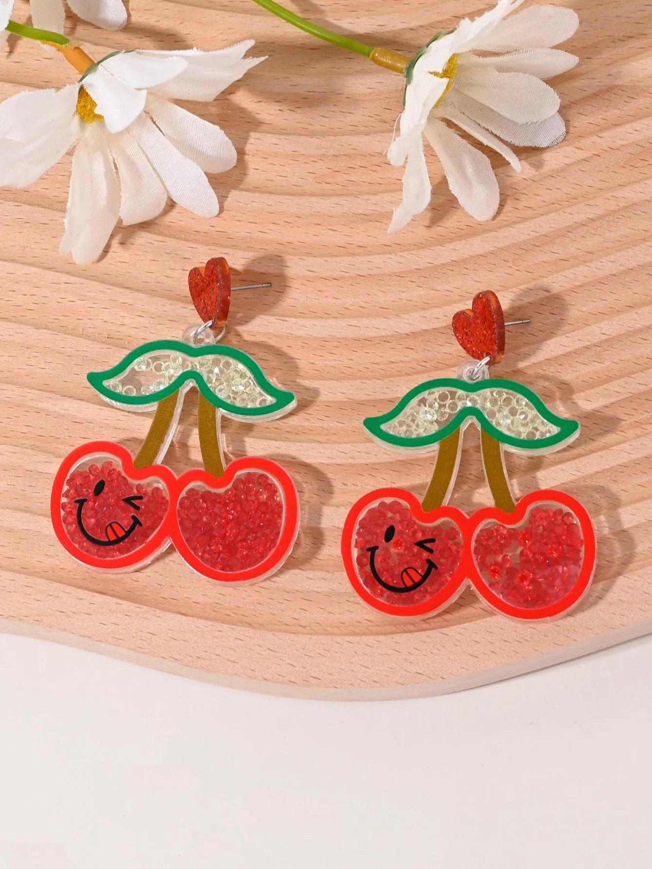 Acrylic drop earrings with fruit and dessert motifs including cherry, strawberry, watermelon, pineapple, coconut, cake, and ice cream, in pastoral style for women