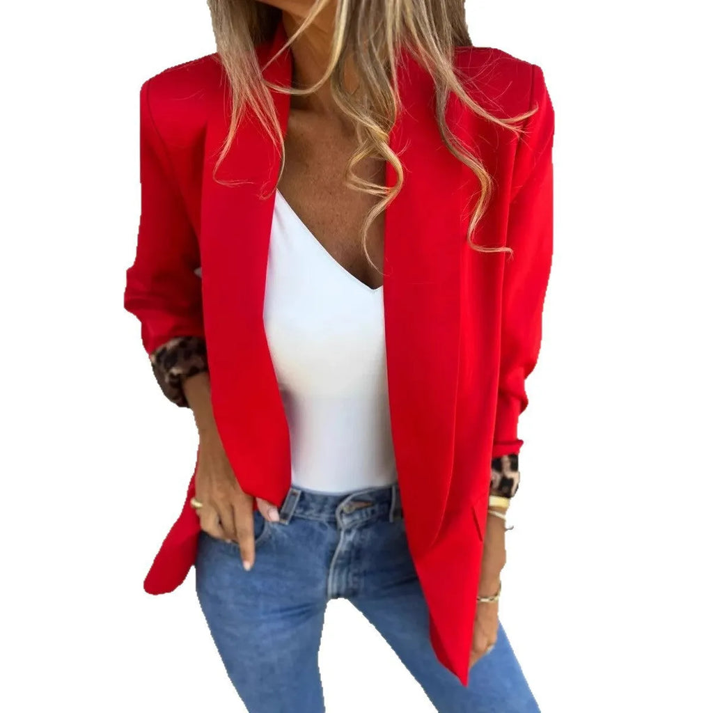Animal print slim fit suit jacket with cheetah pattern in black or red, polyester construction