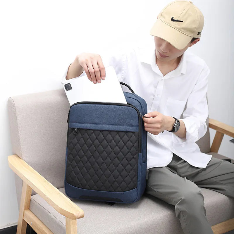 Men's black leisure travel backpack made from Oxford cloth with diamond mesh detail and curved shoulder straps
