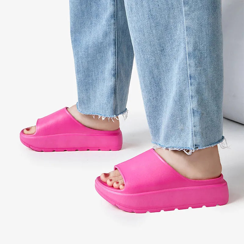 Women's beige fish mouth design slippers with a thick 5.5cm EVA sole for beach and home wear