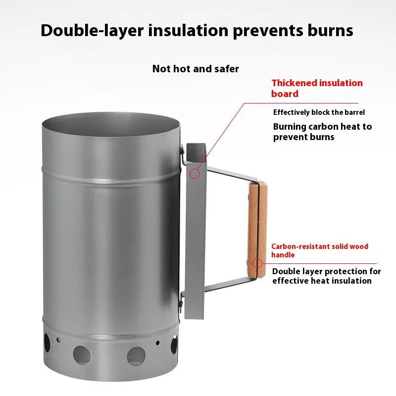 Zinc-iron alloy charcoal fire igniter starter with carbon bucket design for outdoor barbecues.