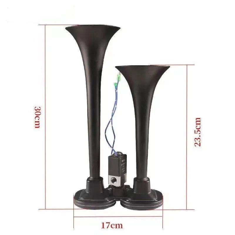 Black dual trumpet 300DB super loud air horn and compressor kit for 12V and 24V vehicles.