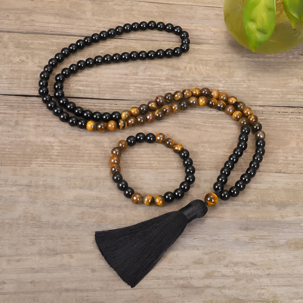 Handmade tiger eye stone tassel pendant necklace bracelet set on ball bead chain unisex drop shape national style