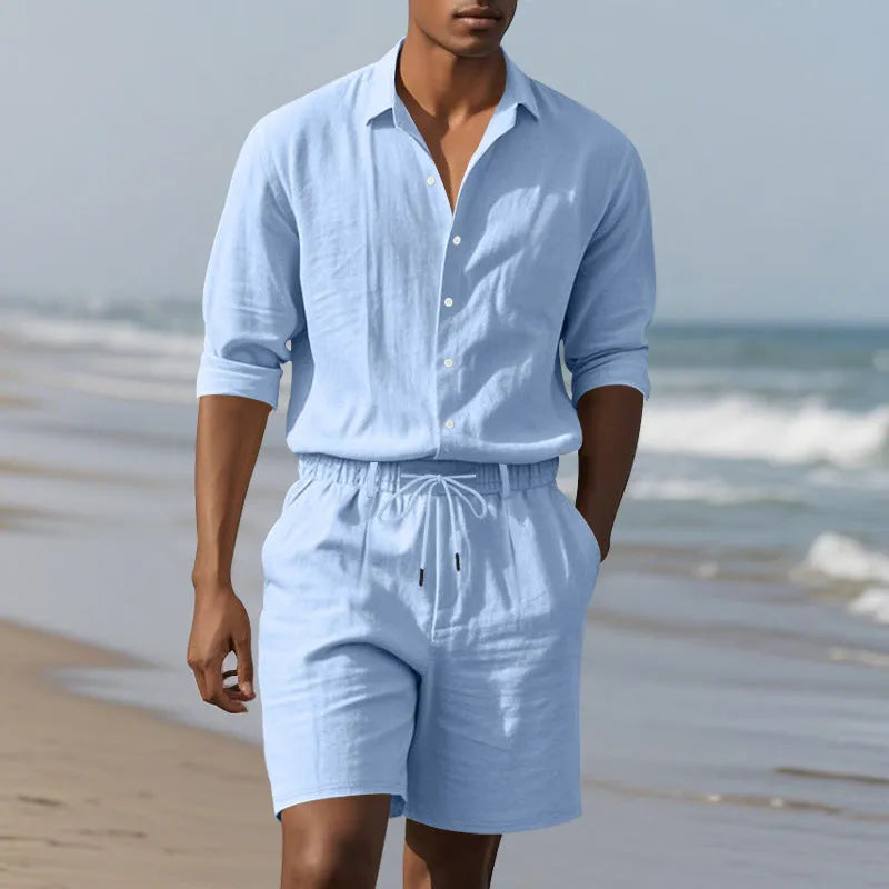 Men's casual linen beach suit set featuring a long sleeve shirt and matching shorts.