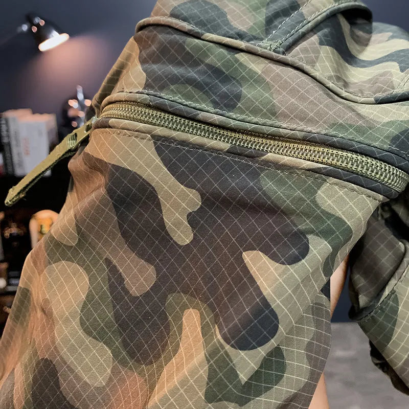Men's camouflage pattern cargo shorts with pockets, shown in a loose fit.