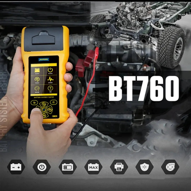 Autool BT760 vehicle battery tester with colour screen and connection clips on workshop bench