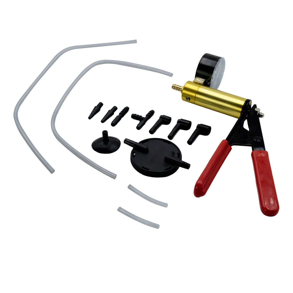 Manual aluminium alloy vacuum air blow gun tool for car repair on a workbench.