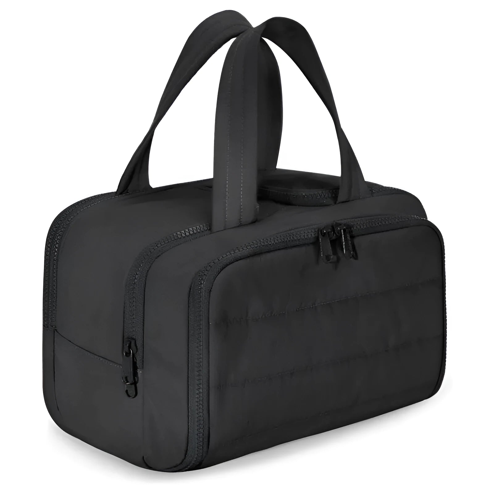 Large lightweight travel toiletry bag in beige colour with wide open top showing spacious interior.