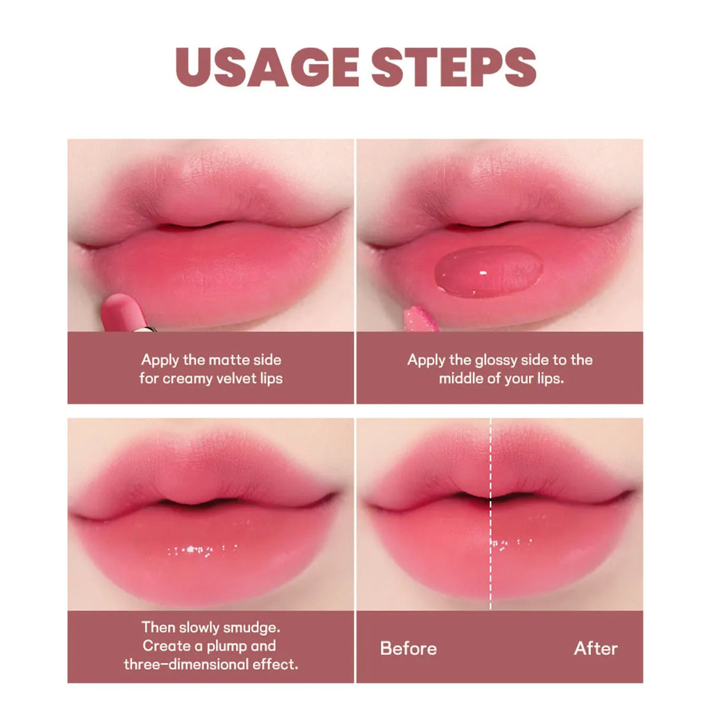 Double-headed lipstick and lip gloss set showing 10 colour options with dual-tip applicator design
